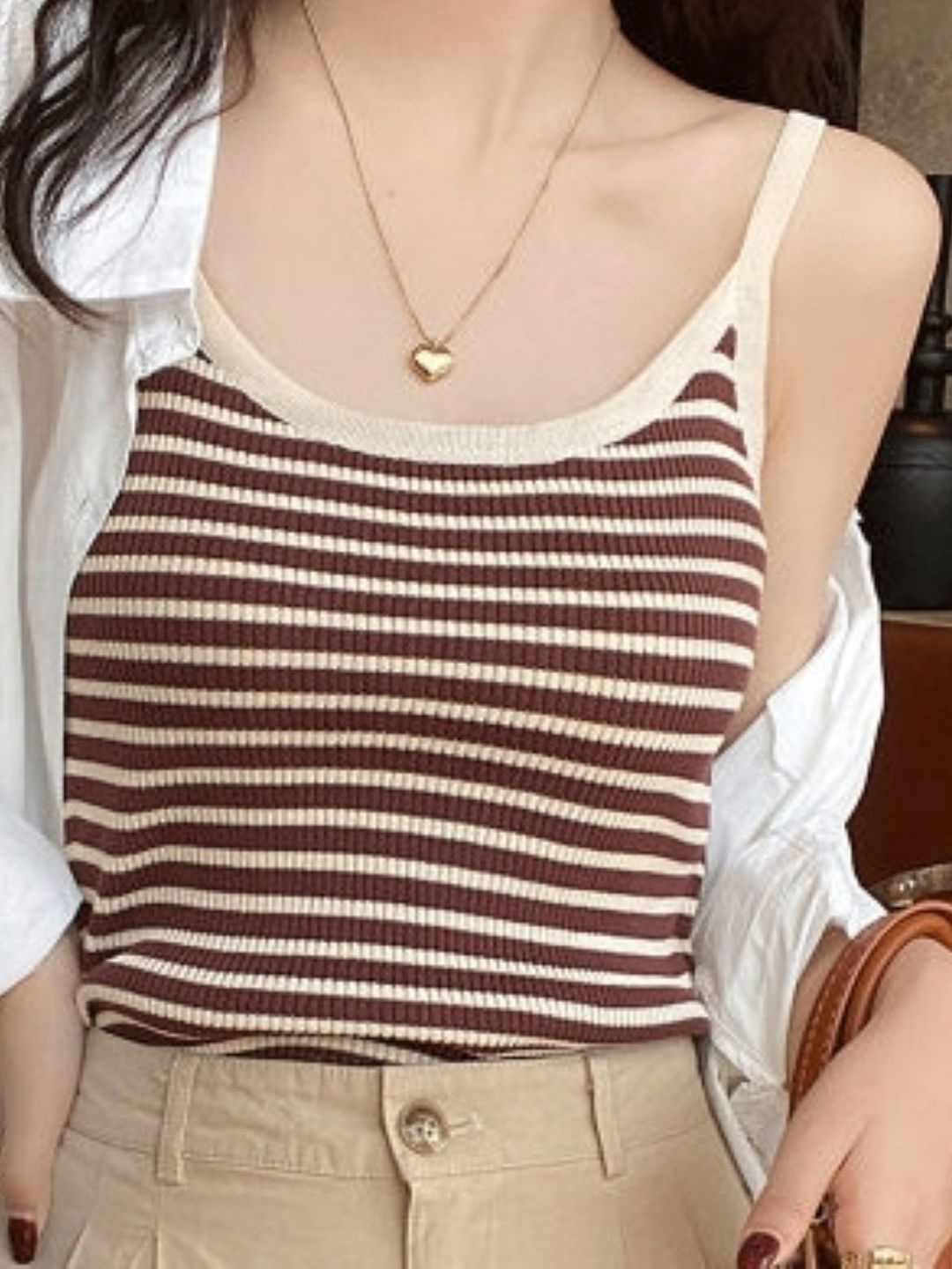 

HERE&NOW Women Shoulder Straps Striped Top, Brown