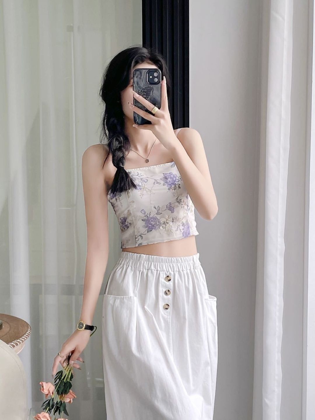 

KPOP Women Floral Printed Shoulder Straps Crop Top, White