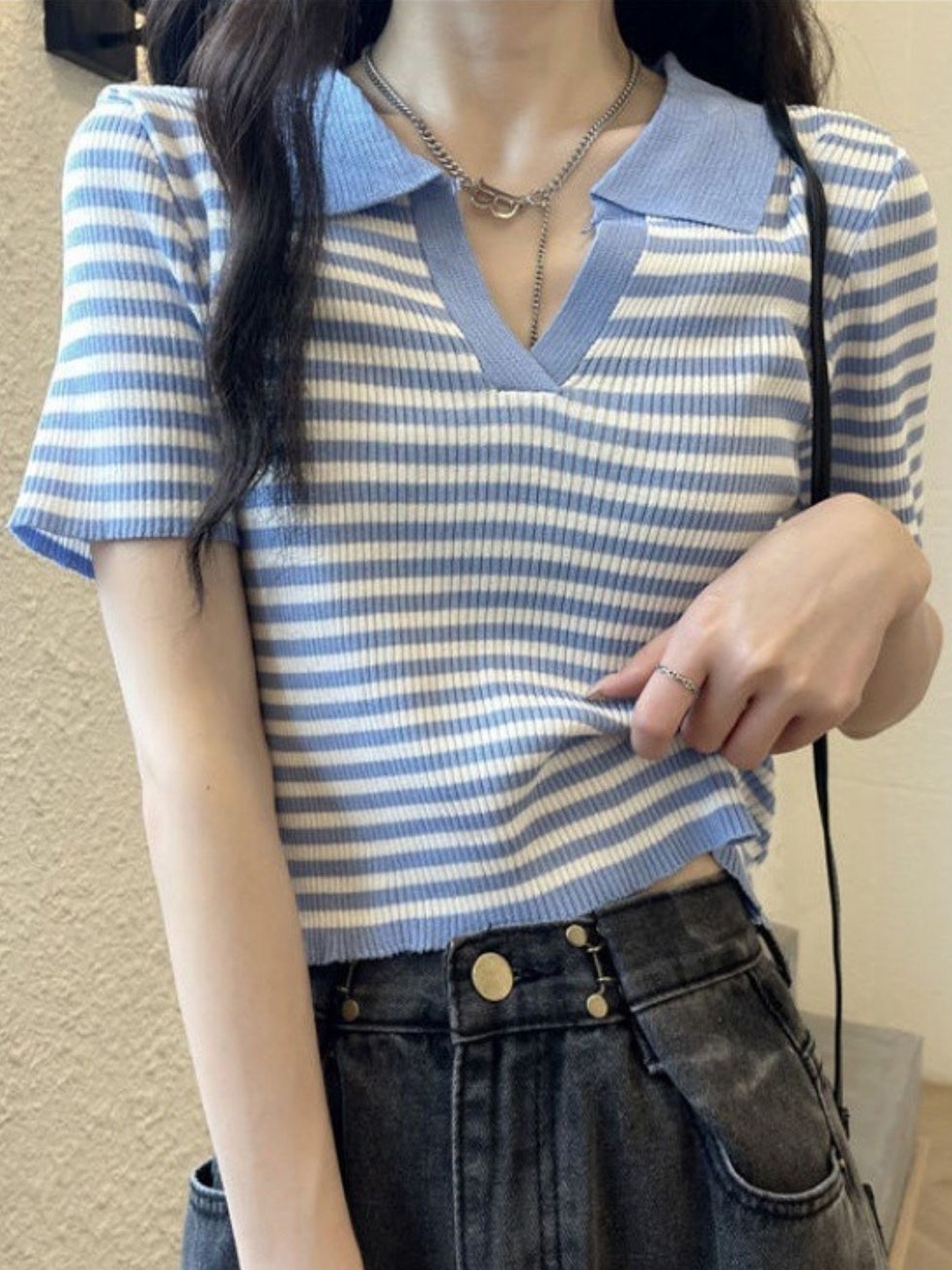 

HERE&NOW Women Striped Shirt Collar Short Sleeves Top, Blue