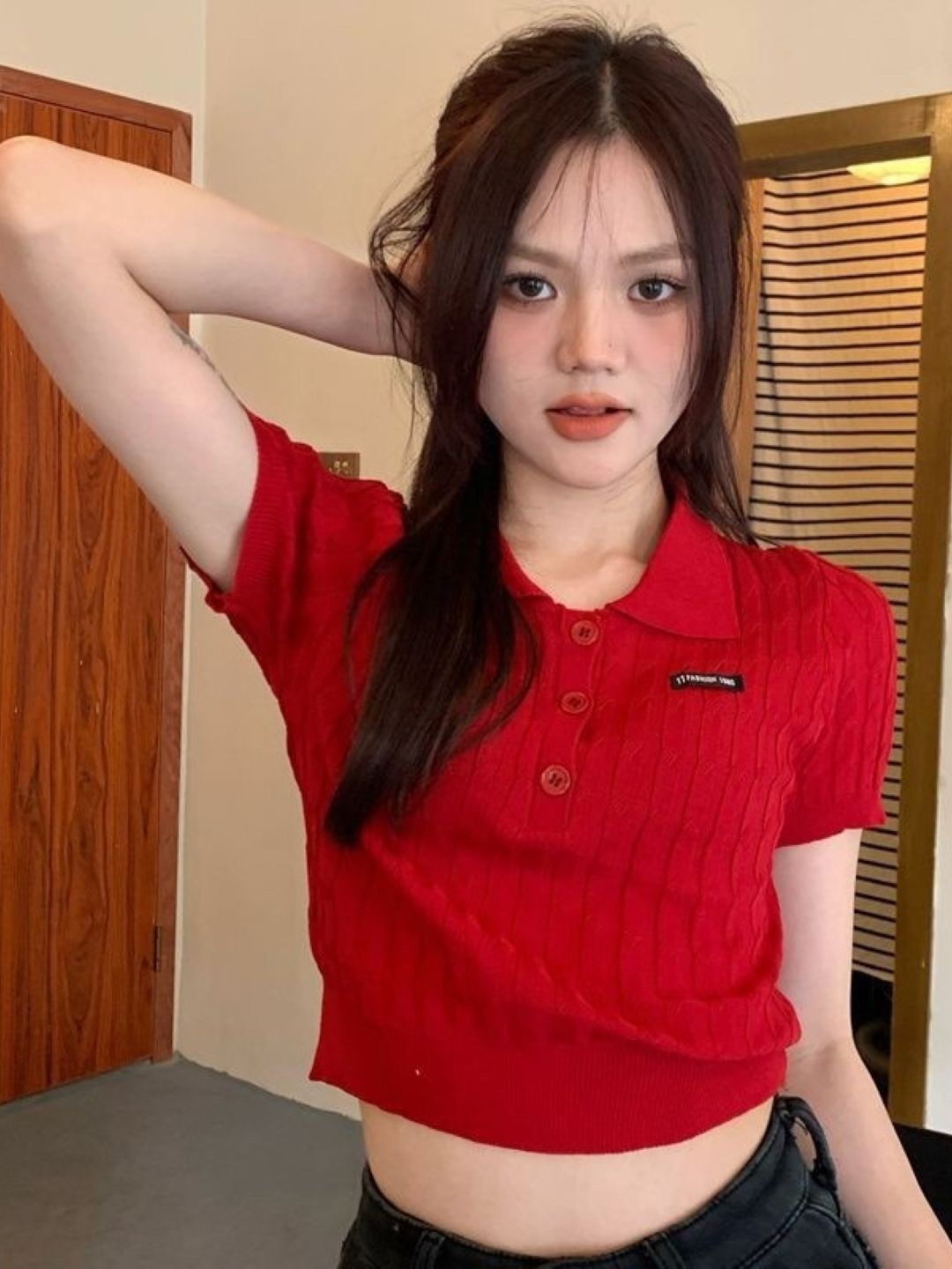 

HERE&NOW Women Shirt Collar Crop Top, Red