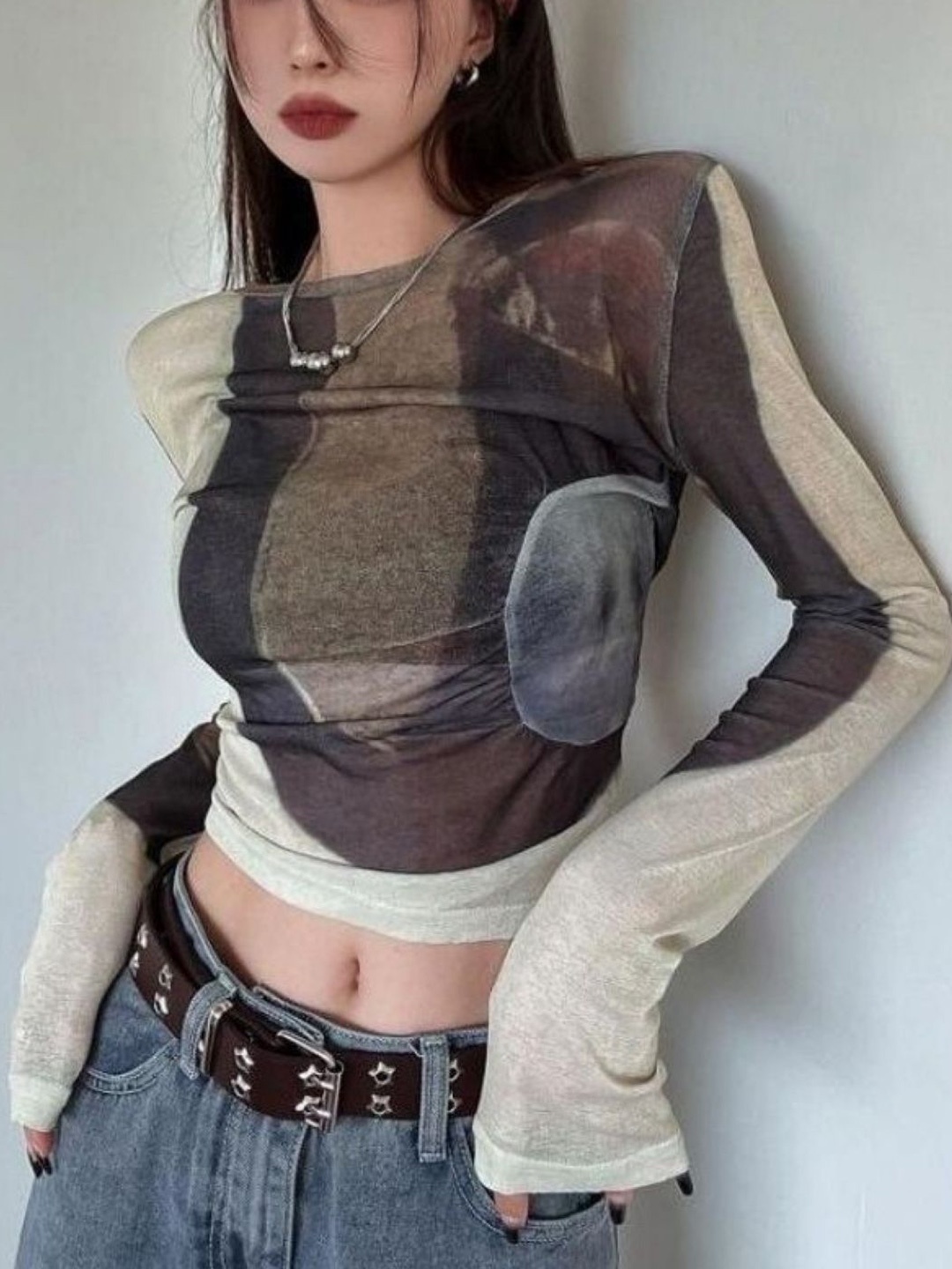 

HERE&NOW Abstract Printed Long Sleeves Crop Top, Brown