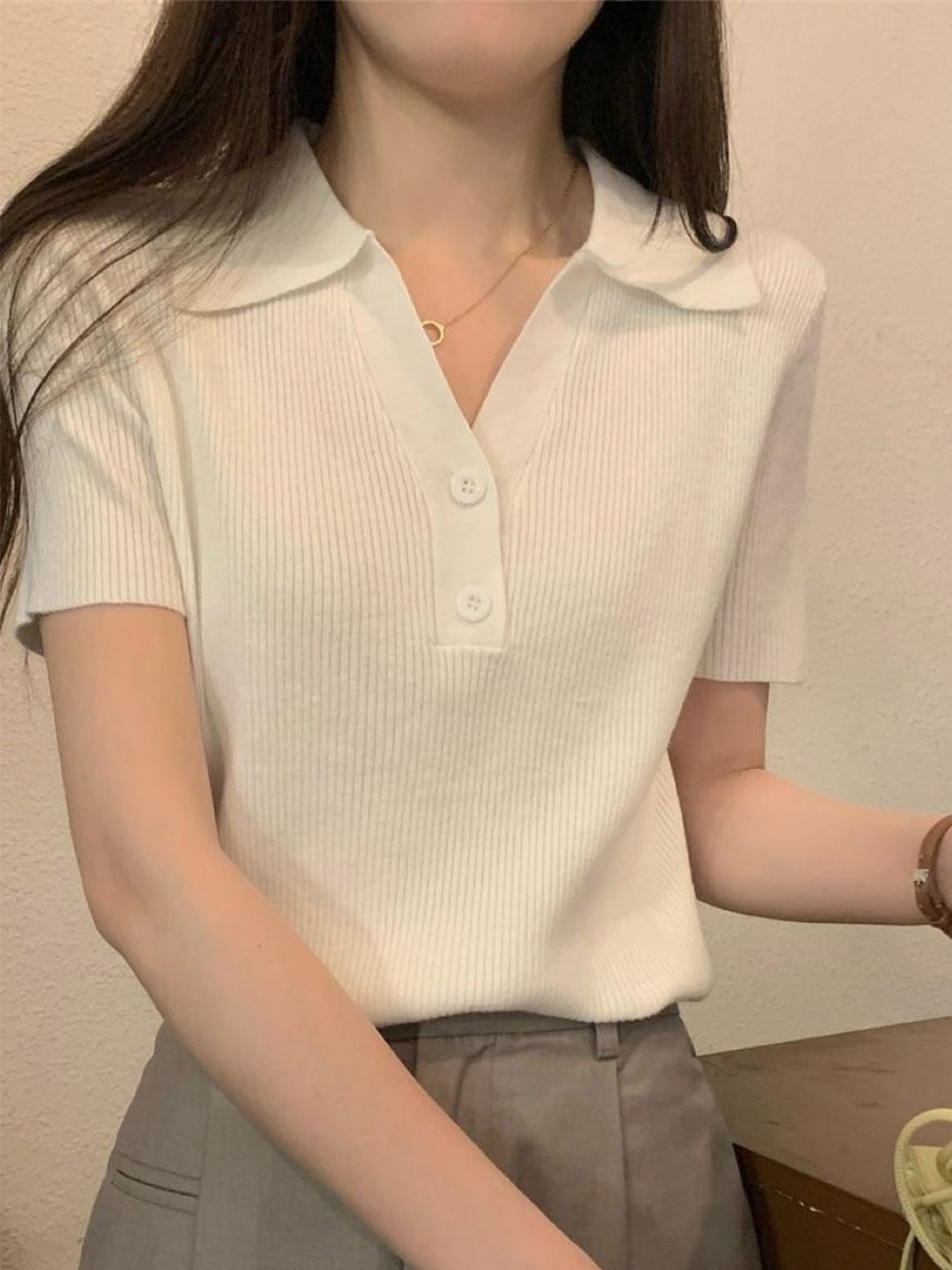 

HERE&NOW Women Shirt Collar Short Sleeves Top, White
