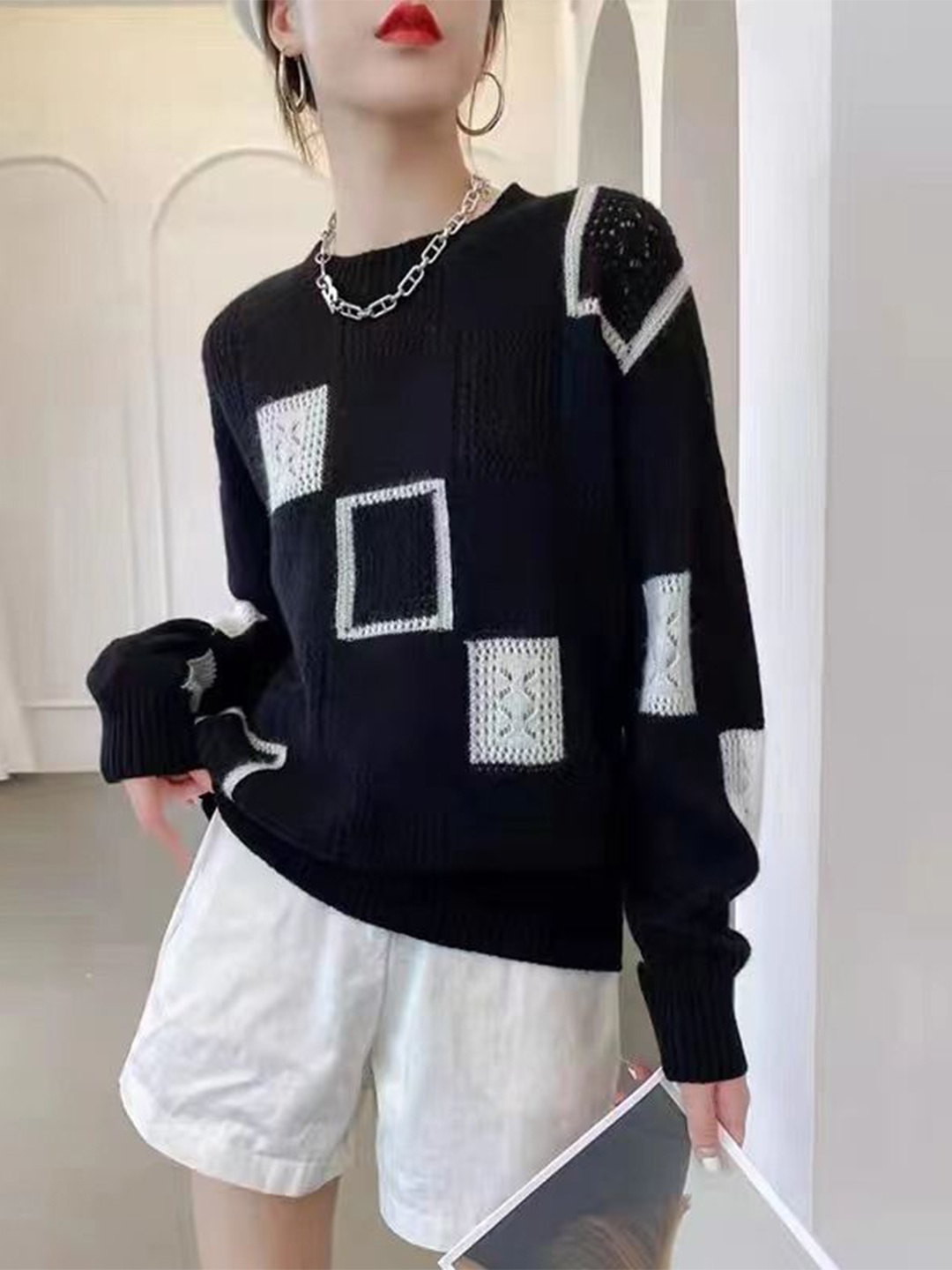 

StyleCast Women Geometric Embroidered Boat Neck Long Sleeves Regular Top, Black
