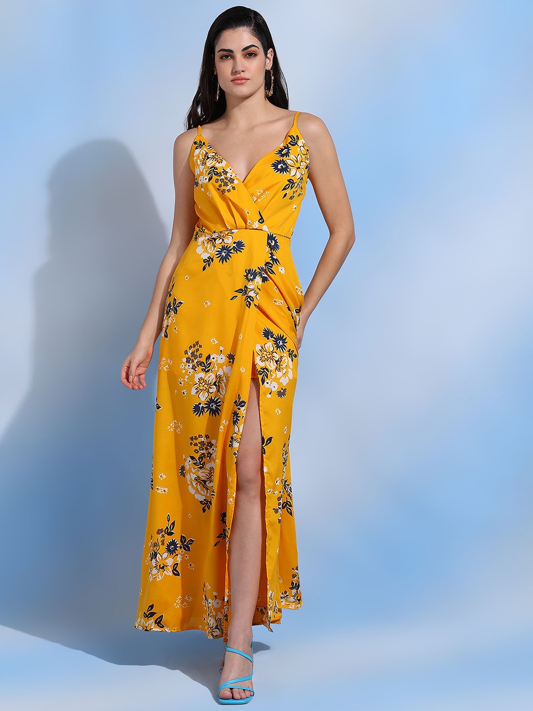 

DODO & MOA Women Floral Print Crepe Wrap Dress, Yellow