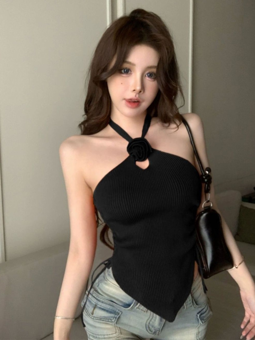 

KPOP Women Halter Neck Sleeveless Top, Black