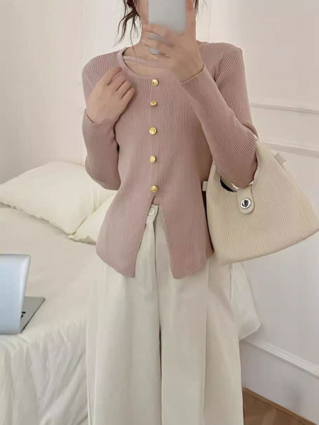 

KPOP Women Pure Cotton Round Neck Long Sleeves Top, Brown