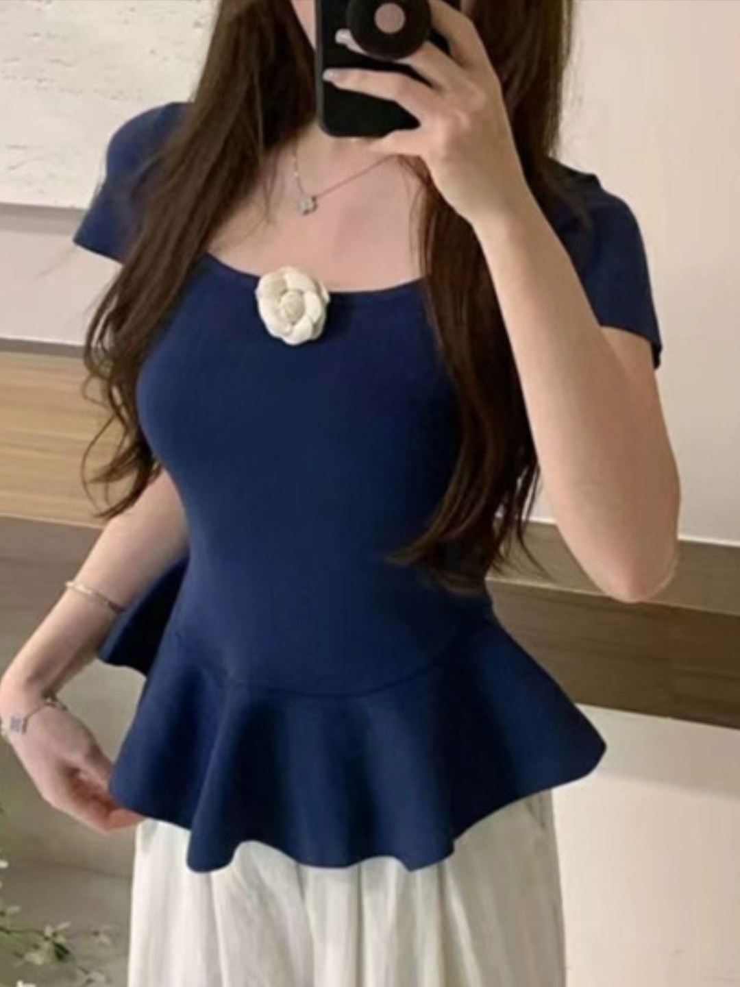 

KPOP Women Round Neck Top, Navy blue