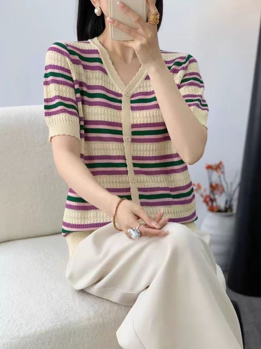 

KPOP Women Striped V - Neck Top, Khaki