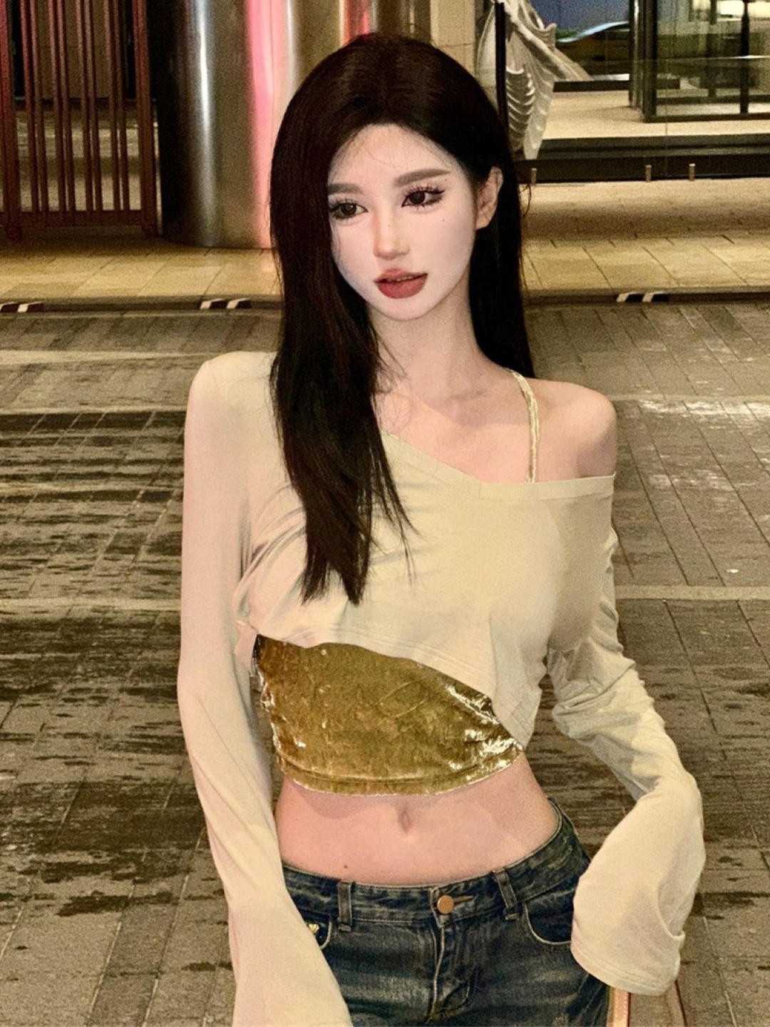 

HERE&NOW Women One Shoulder Bell Sleeve Crop Top, Gold