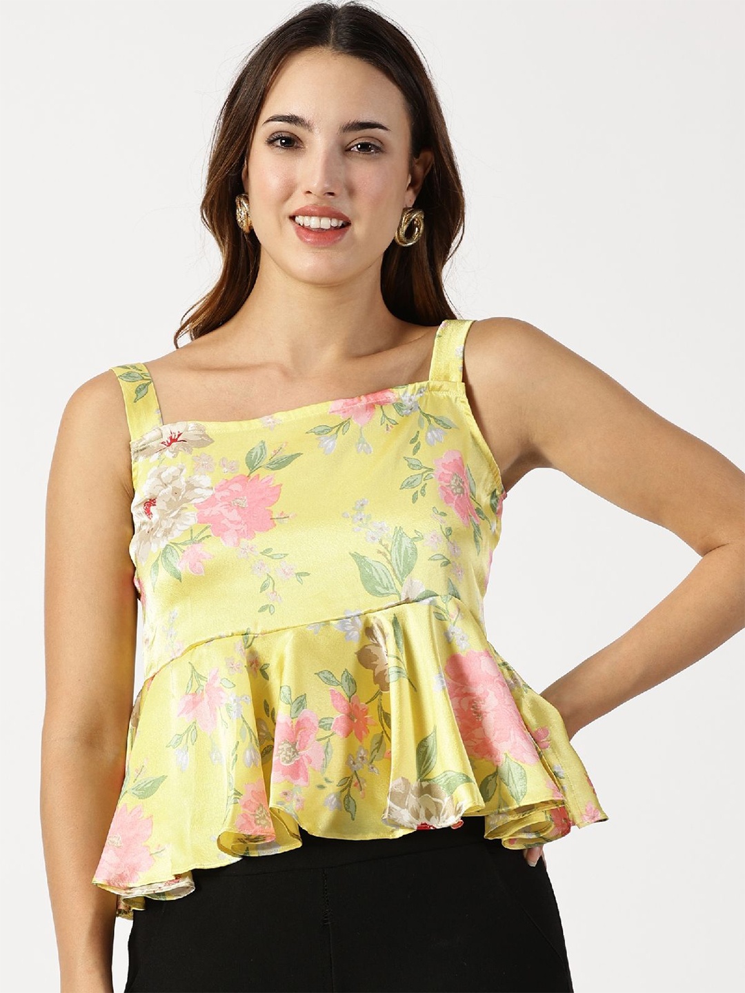 

RAVINIK Women Floral Printed Peplum Top, Yellow