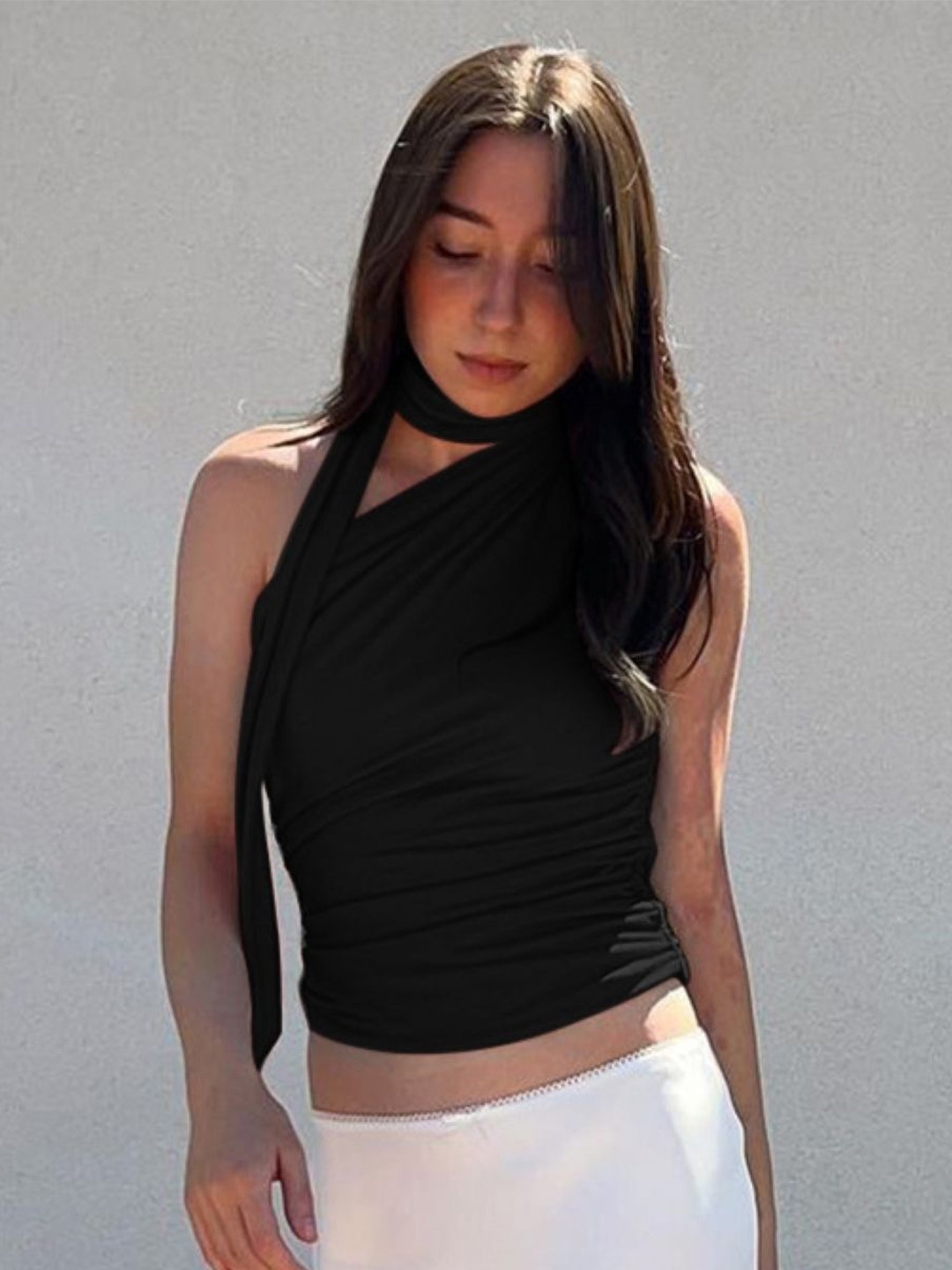 

KPOP Women One Shoulder Sleeveless Crop Top, Black
