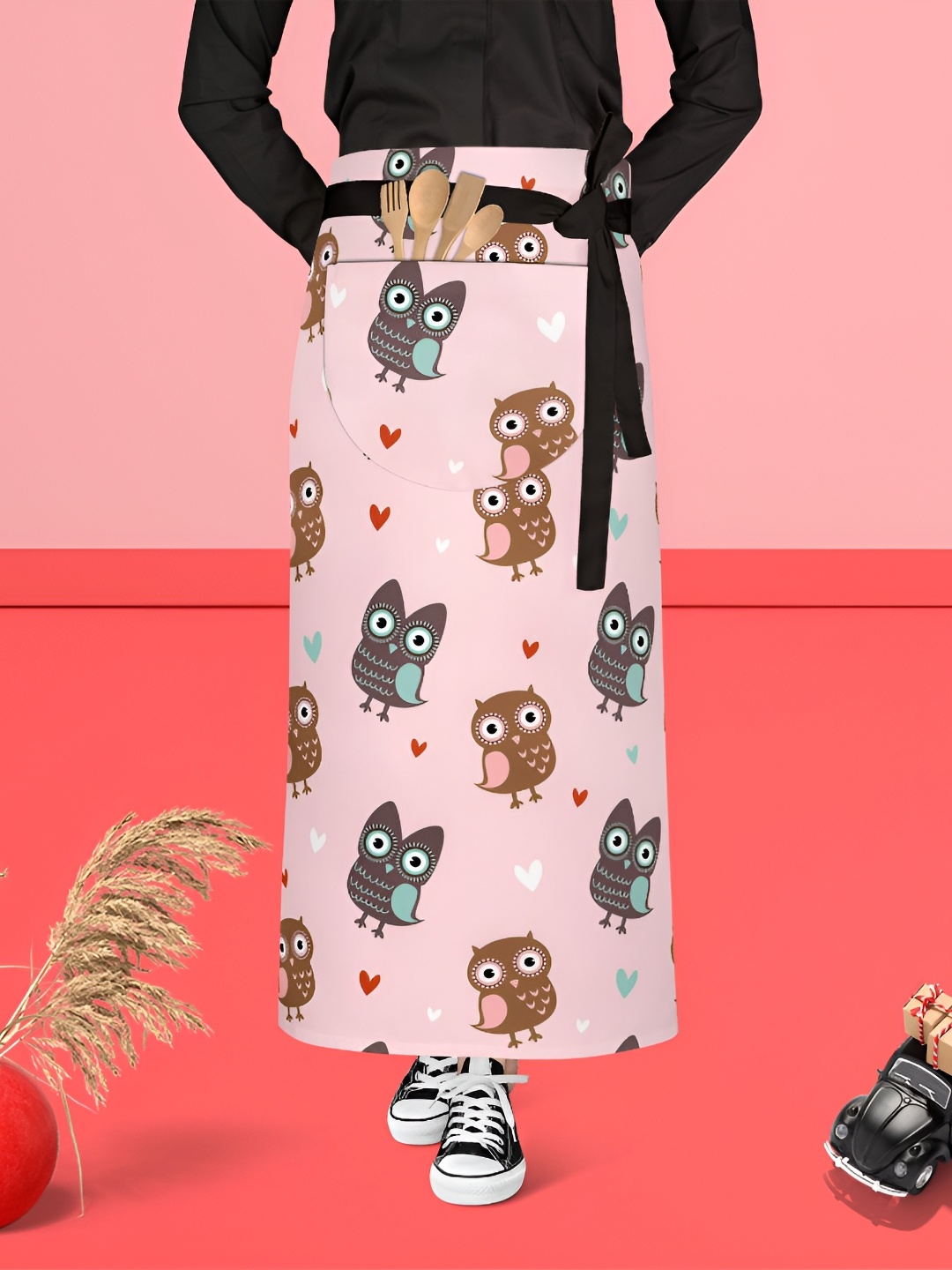 

ArtzFolio Black & Pink Printed Cotton Waist Apron