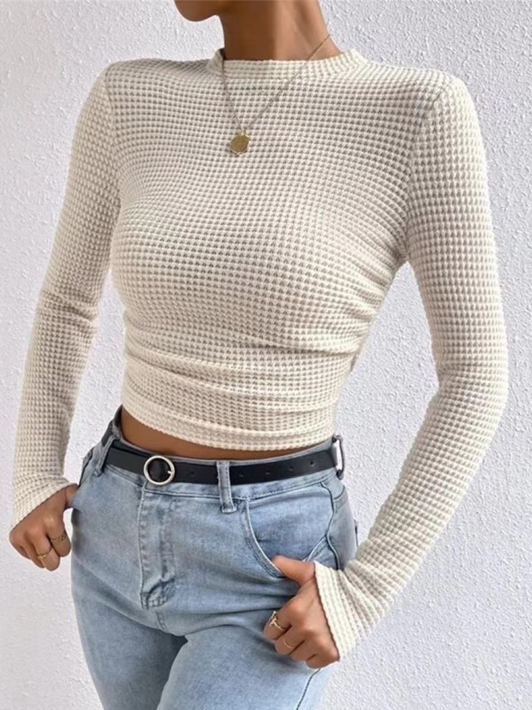 

KPOP Women Round Neck Extended Sleeves Fitted Crop Top, White