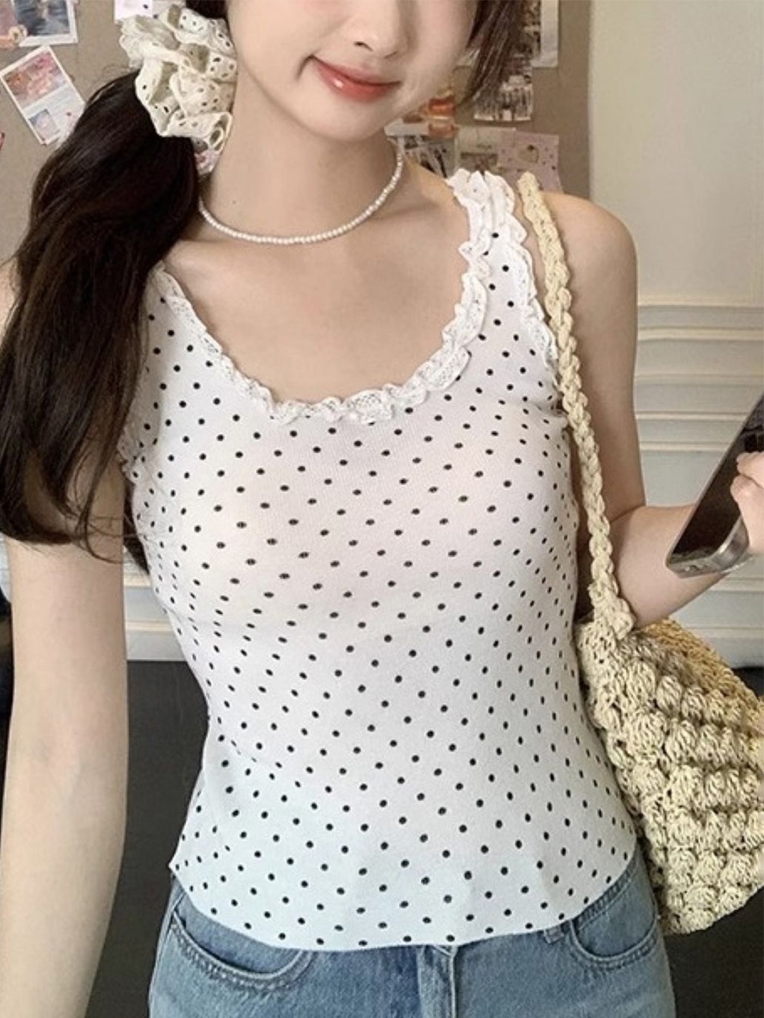 

KPOP Women Polka Dot Printed Scoop Neck Sleeveless Top, White