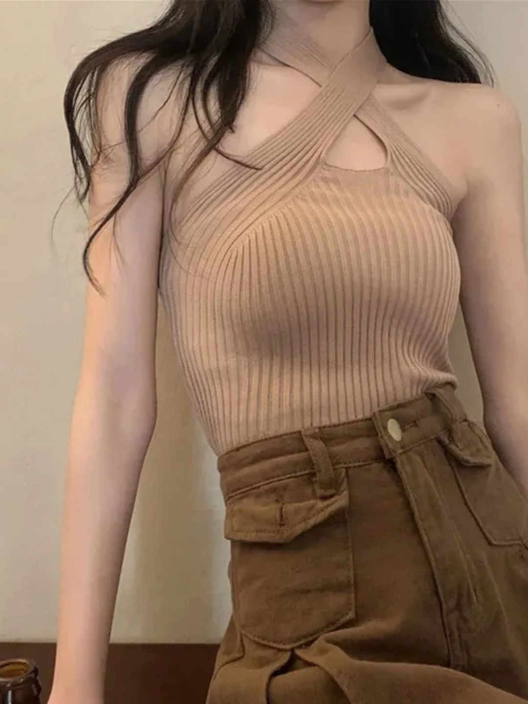 

KPOP Women Halter Neck Crop Top, Khaki