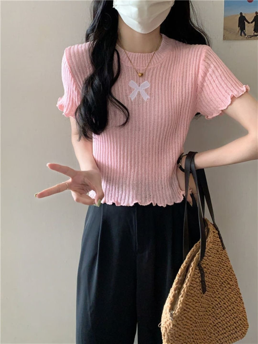 

KPOP Women Round Neck Short Sleeves Solid Top, Pink