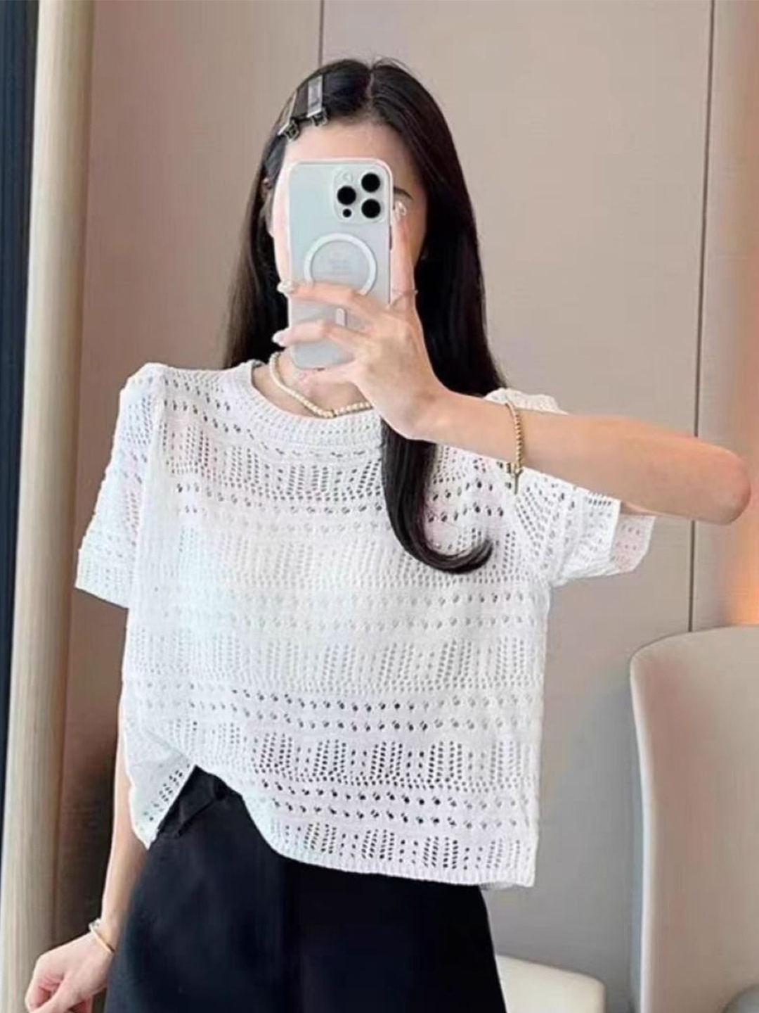 

KPOP Women Self Design Round Neck Short Sleeves Top, White
