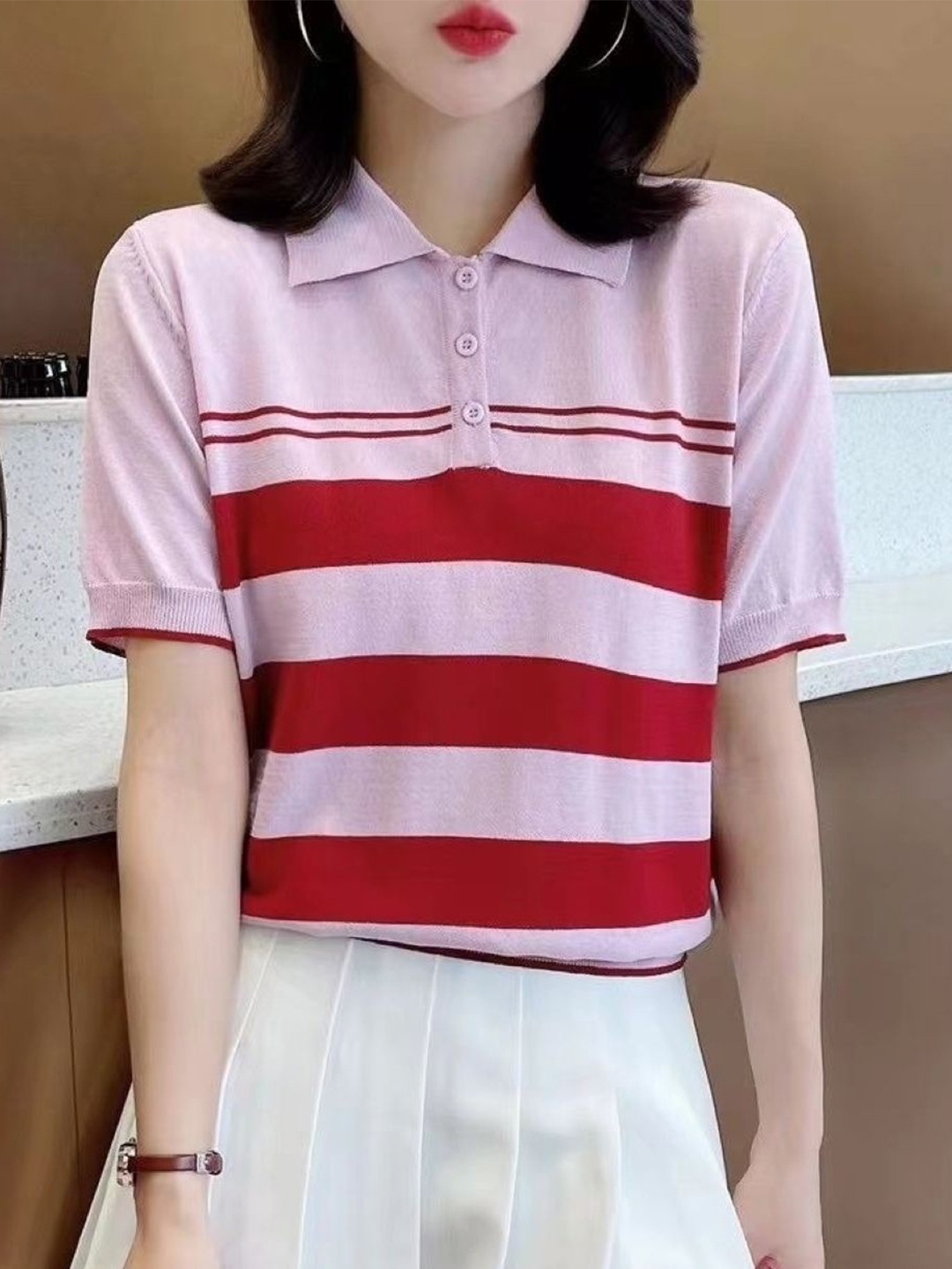 

KPOP Women Shirt Collar Short Sleeves Horizontal Stripes Top, Pink