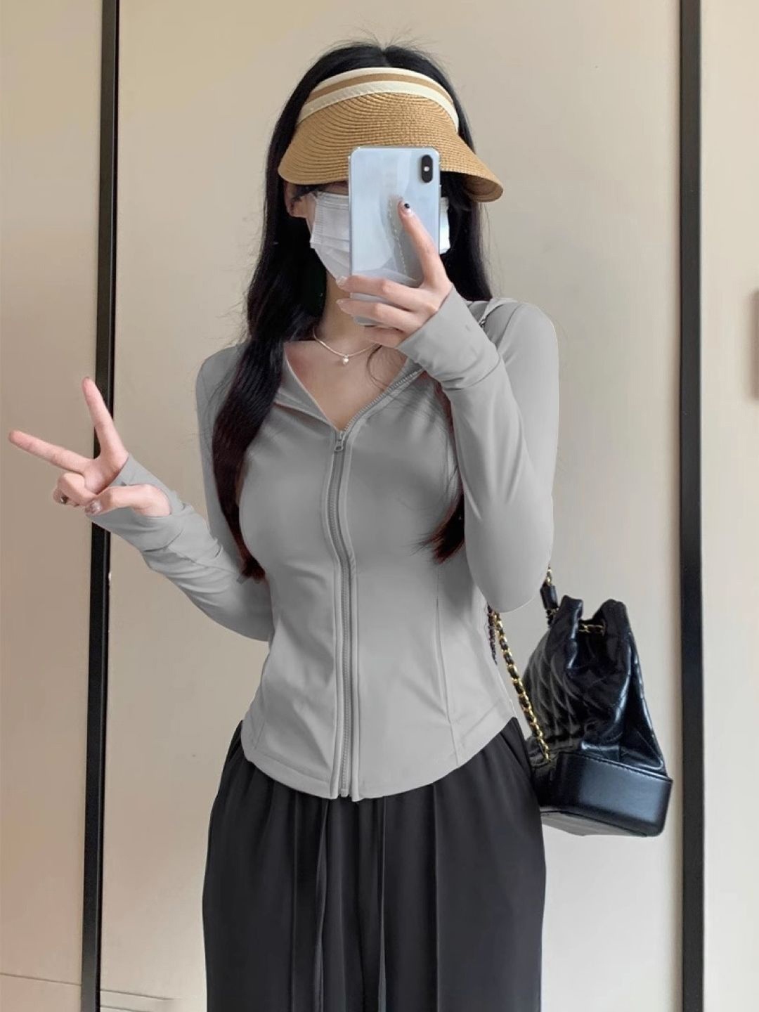 

HERE&NOW Women V-Neck Long Extended Sleeves Top, Grey