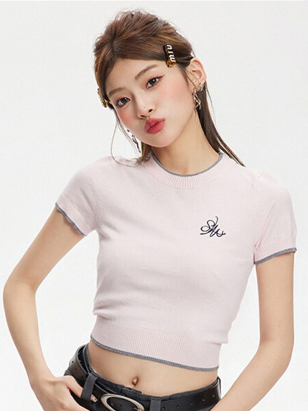 

KPOP Womens Viscose Rayon Round Neck Short Sleeves Typography Crop Top, Pink