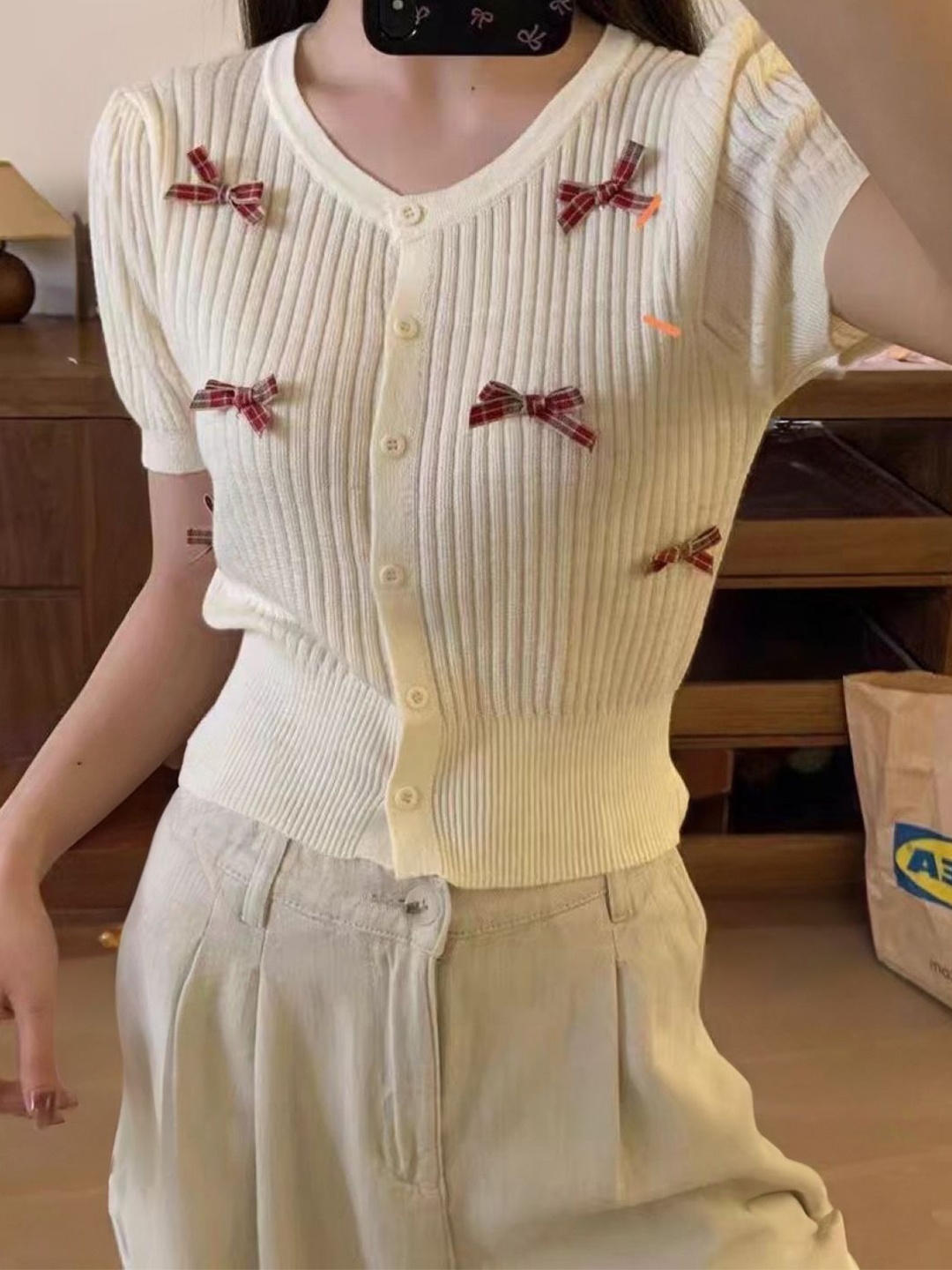 

KPOP Women V - Neck Striped Top, Khaki