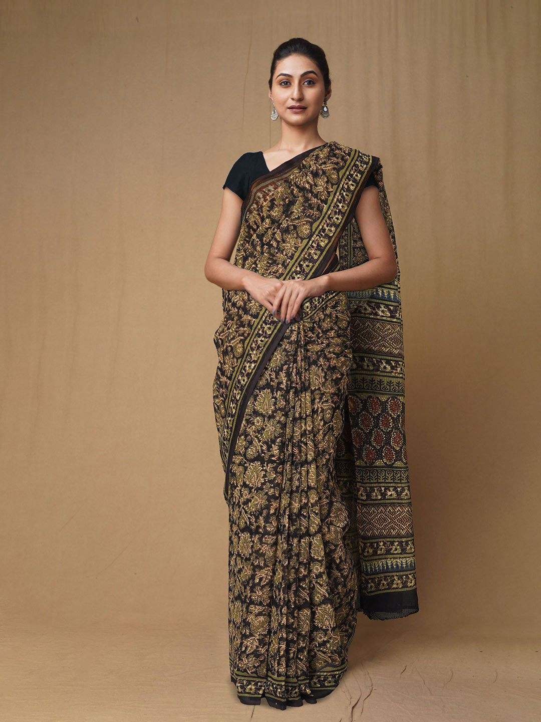 

Unnati Silks Floral Printed Pure Cotton Kota Saree, Olive