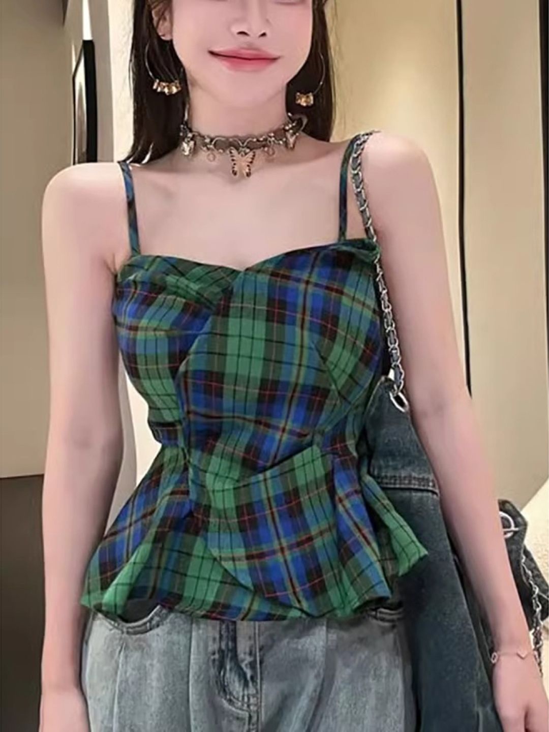 

KPOP Checked Shoulder Straps Sleeveless Checked Regular Top, Green