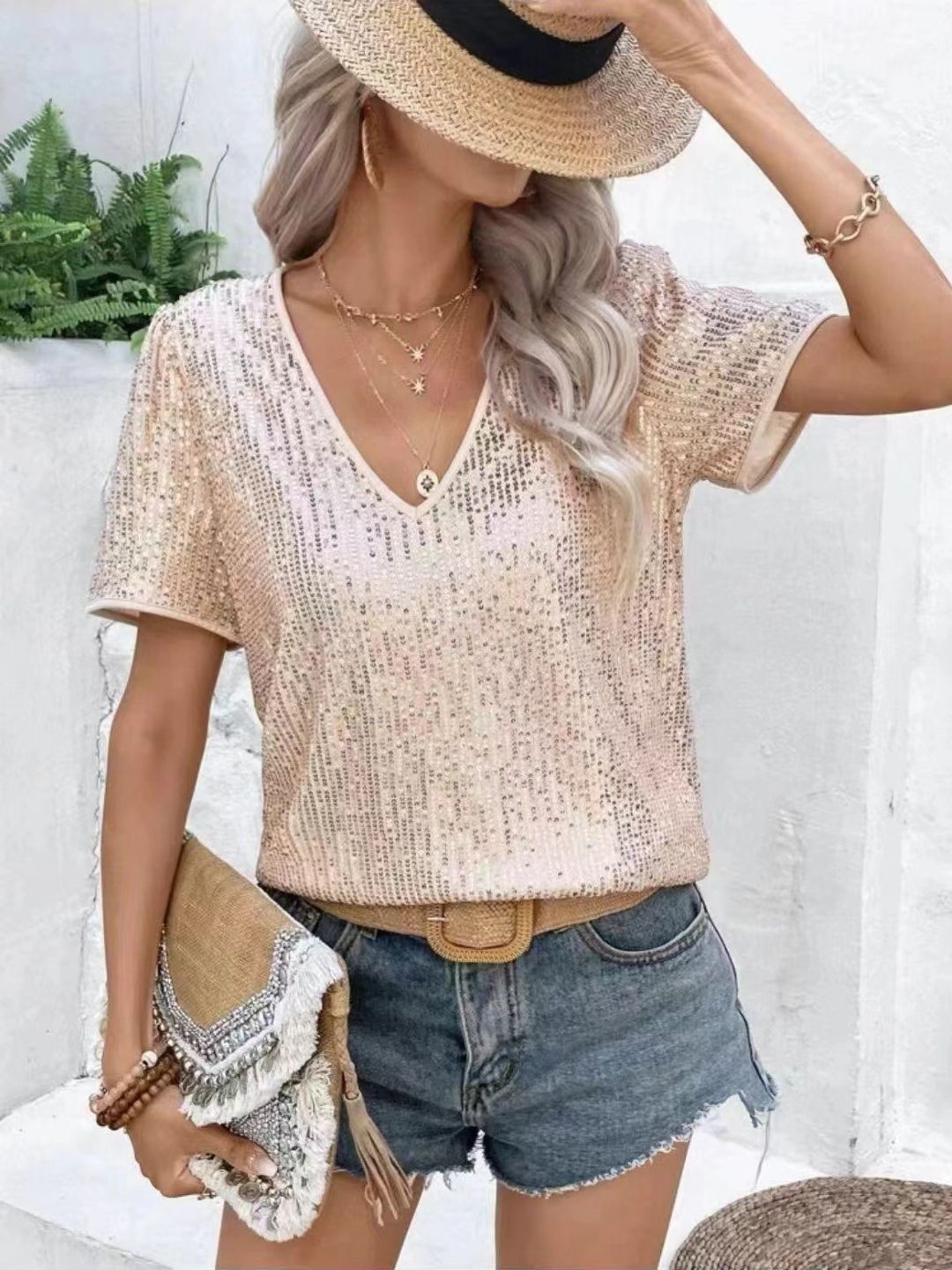 

StyleCast Women Embellished Sequined V-Neck Short Sleeves Top, Brown