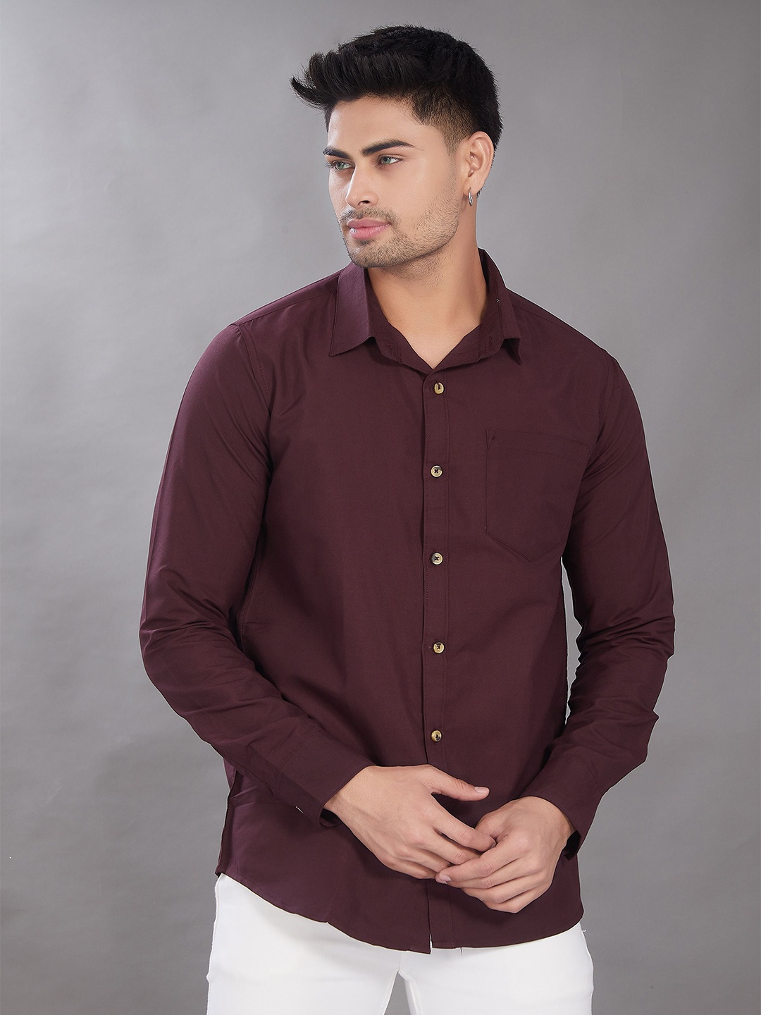 

DIVISIVE Men Club Spread Collar Solid Cotton Slim Fit Casual Shirt, Burgundy