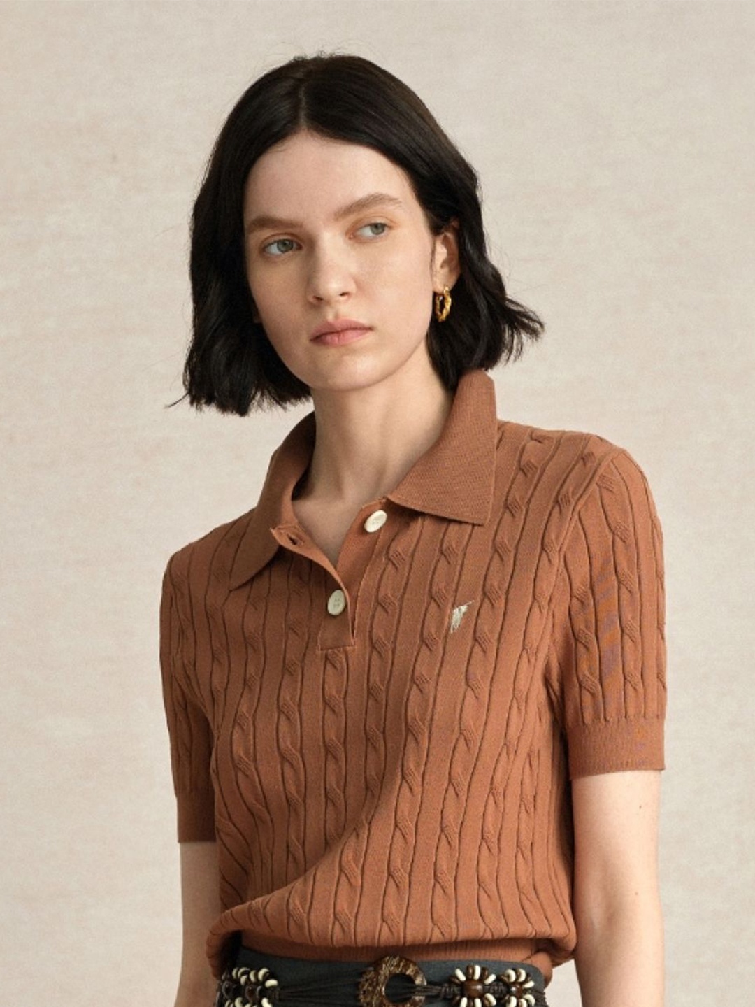 

KPOP Women Self Design Shirt Collar Top, Brown