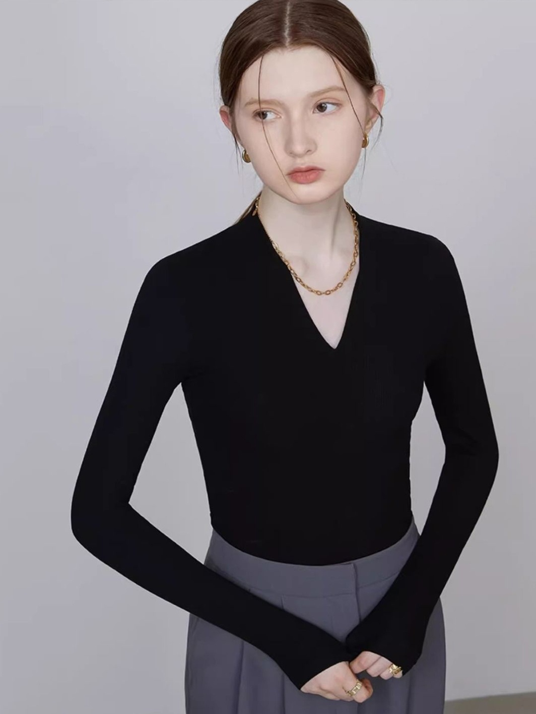 

HERE&NOW Women V-Neck Extended Sleeves Top, Black