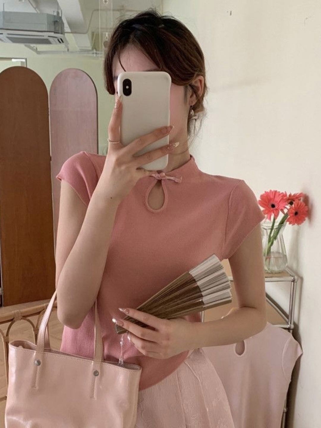 

HERE&NOW Women Keyhole Neck Short Sleeves Top, Pink