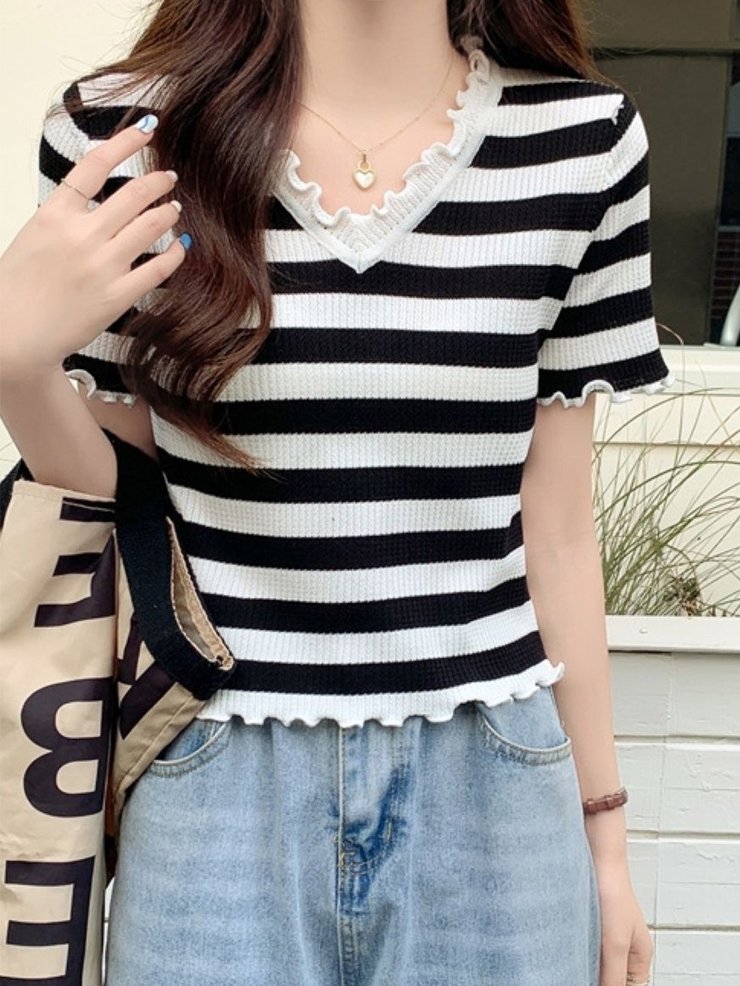 

HERE&NOW Women Striped V-Neck Top, Black