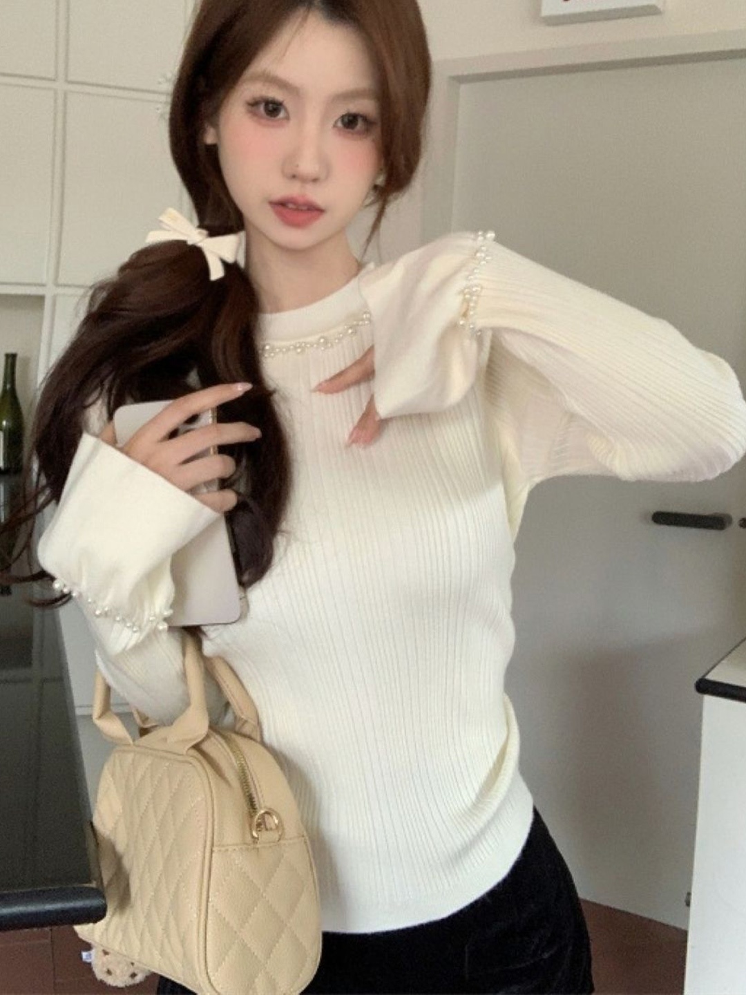 

HERE&NOW Women Round Neck Extended Sleeves Top, White