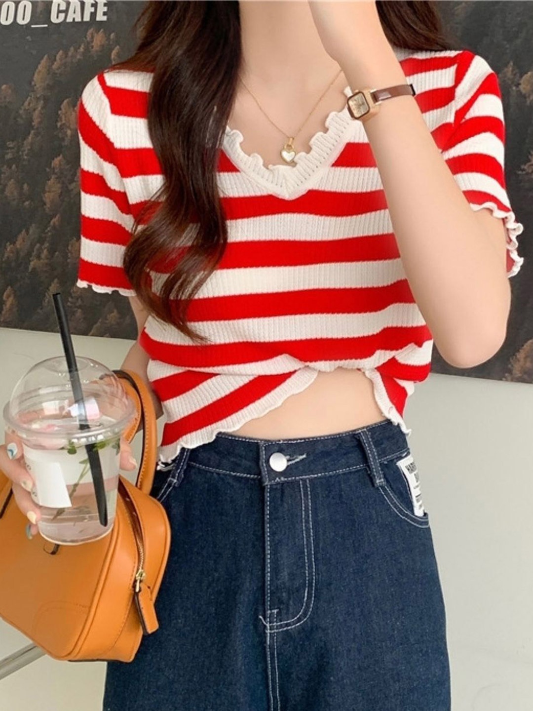 

HERE&NOW Women Horizontal Stripes Striped Regular Top, Red