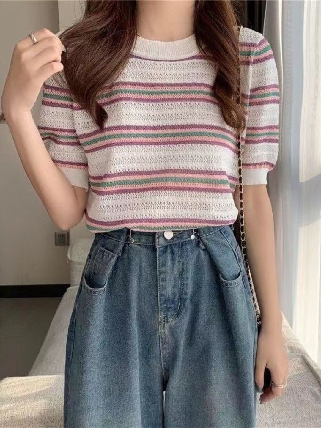 

KPOP Women Horizontal Stripes Striped Pure Cotton Regular Top, White