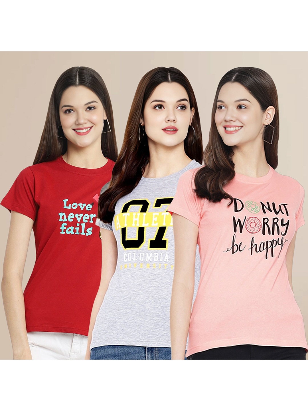 

Metronaut Women Pack of 3 Typography Printed Cotton T-shirts, Red