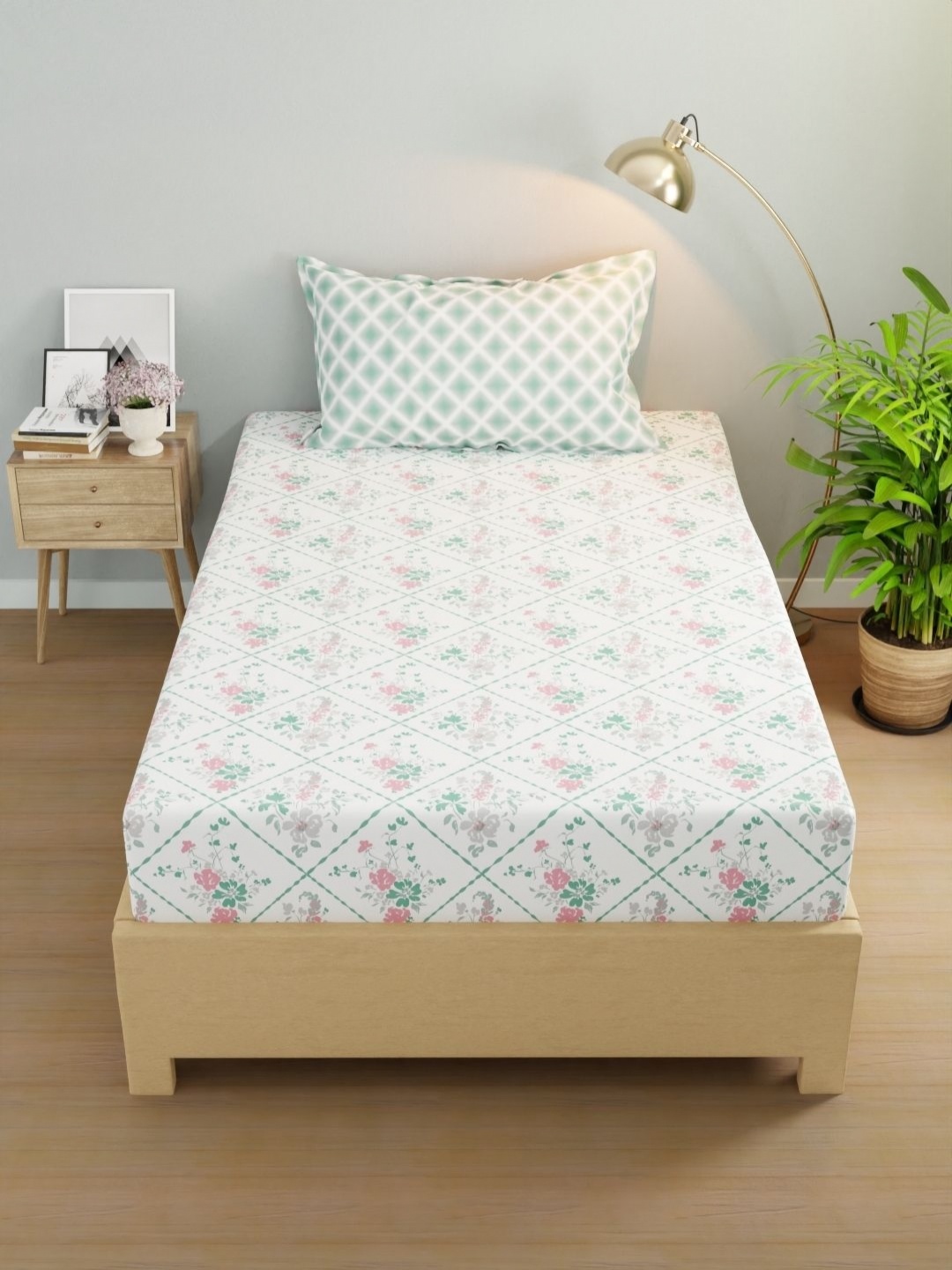 

KOPA Rivera White & Green Floral Microfiber 200 TC Single Bedsheet Set 1.50 m X 2.24 m
