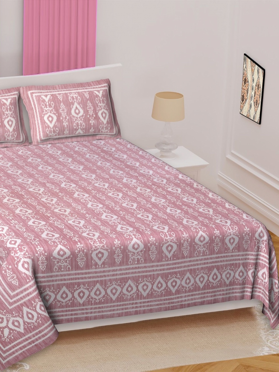 

Texstylers Jaipuri Pink Ethnic Motifs Pure Cotton 220TC Queen Bedsheet Set 2.74 m X 2.28 m