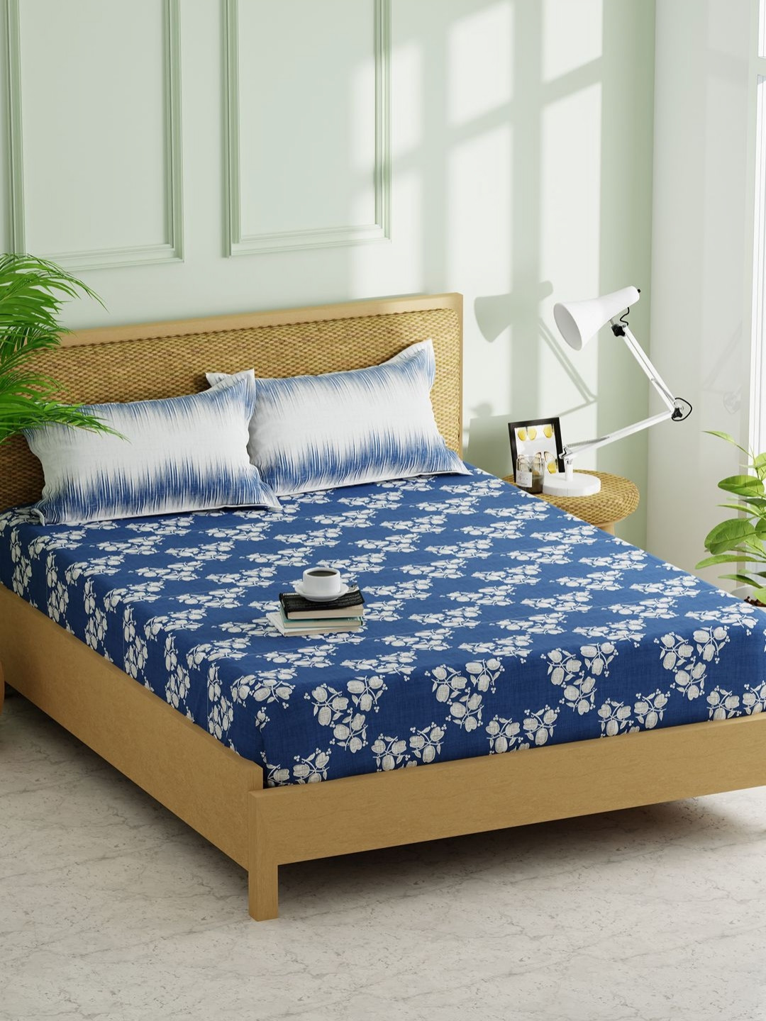 

KOPA Lorenzo Blue Floral Microfiber 152 TC Fitted Queen Bedsheet Set-1.80mX1.98mX 25 cm