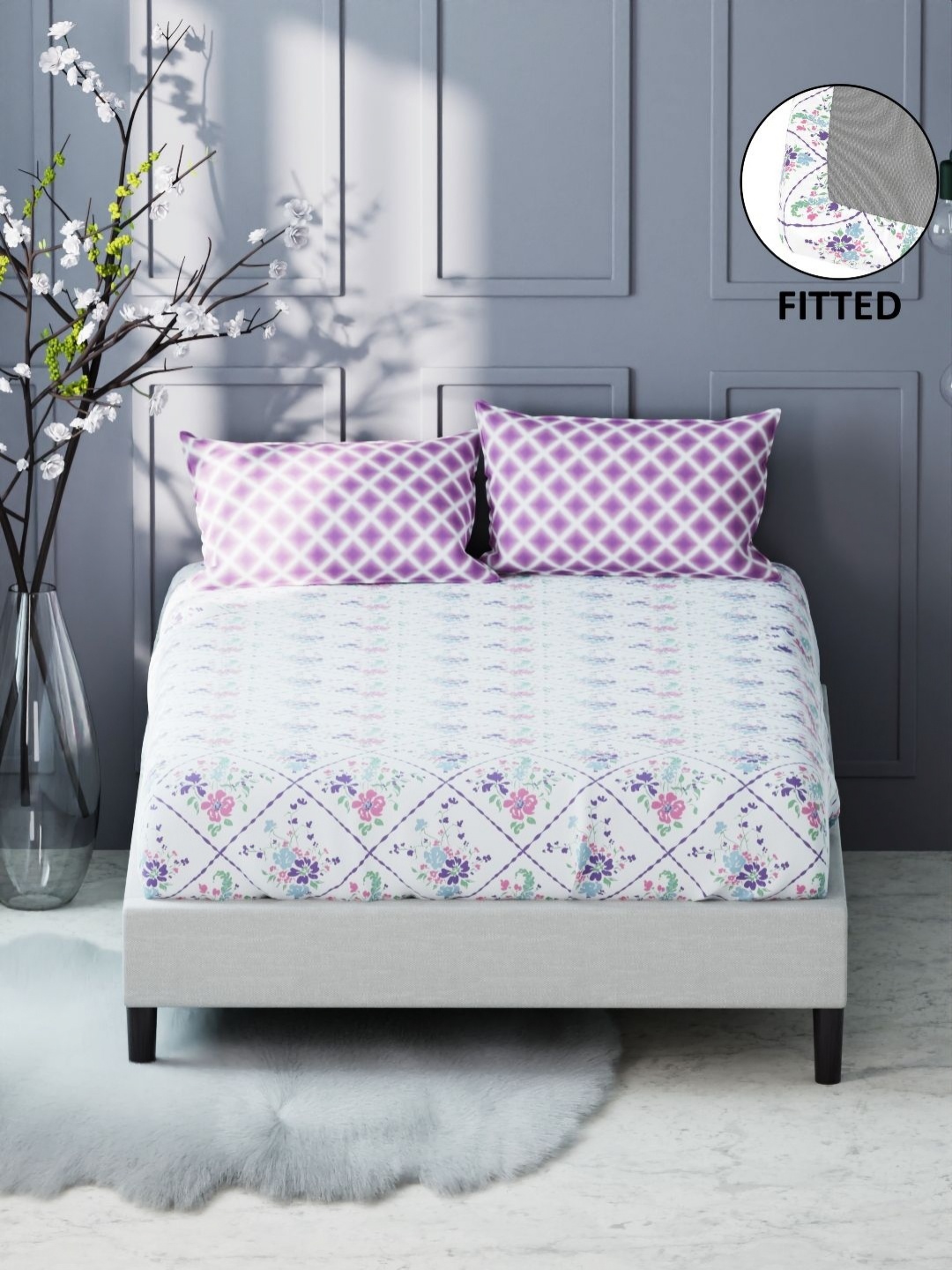 

KOPA Fairmont White Floral Microfiber 200 TC King Fitted Bedsheet Set 1.98 m X 1.80 m