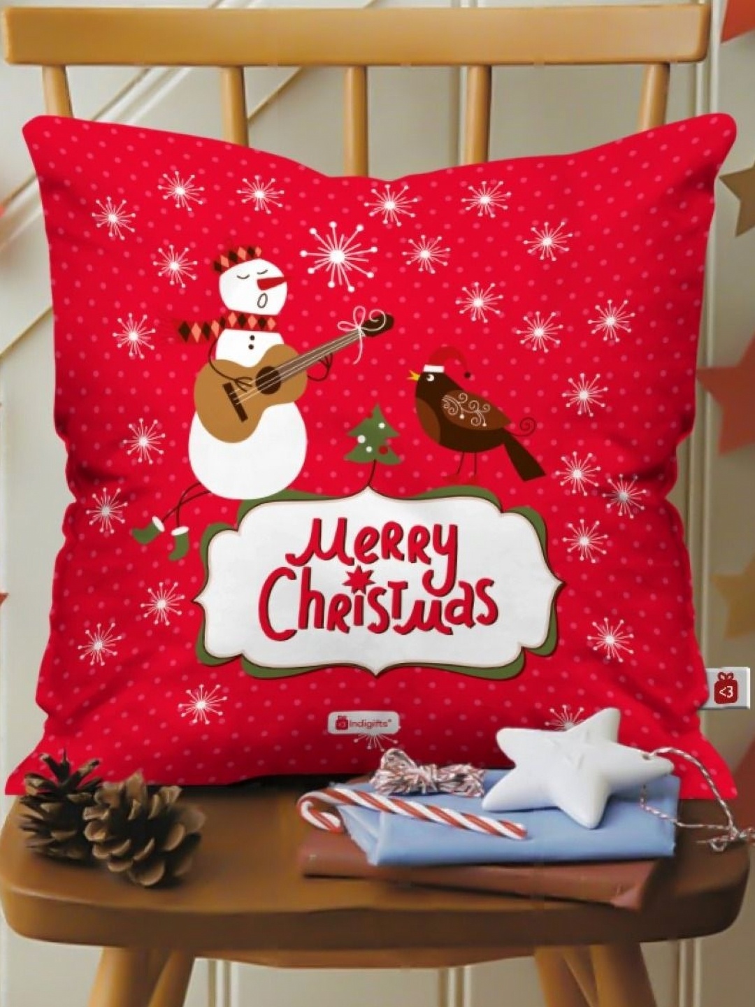 

Indigifts Red & White Merry Christmas Printed Sqaure Cushion Cover With Filler
