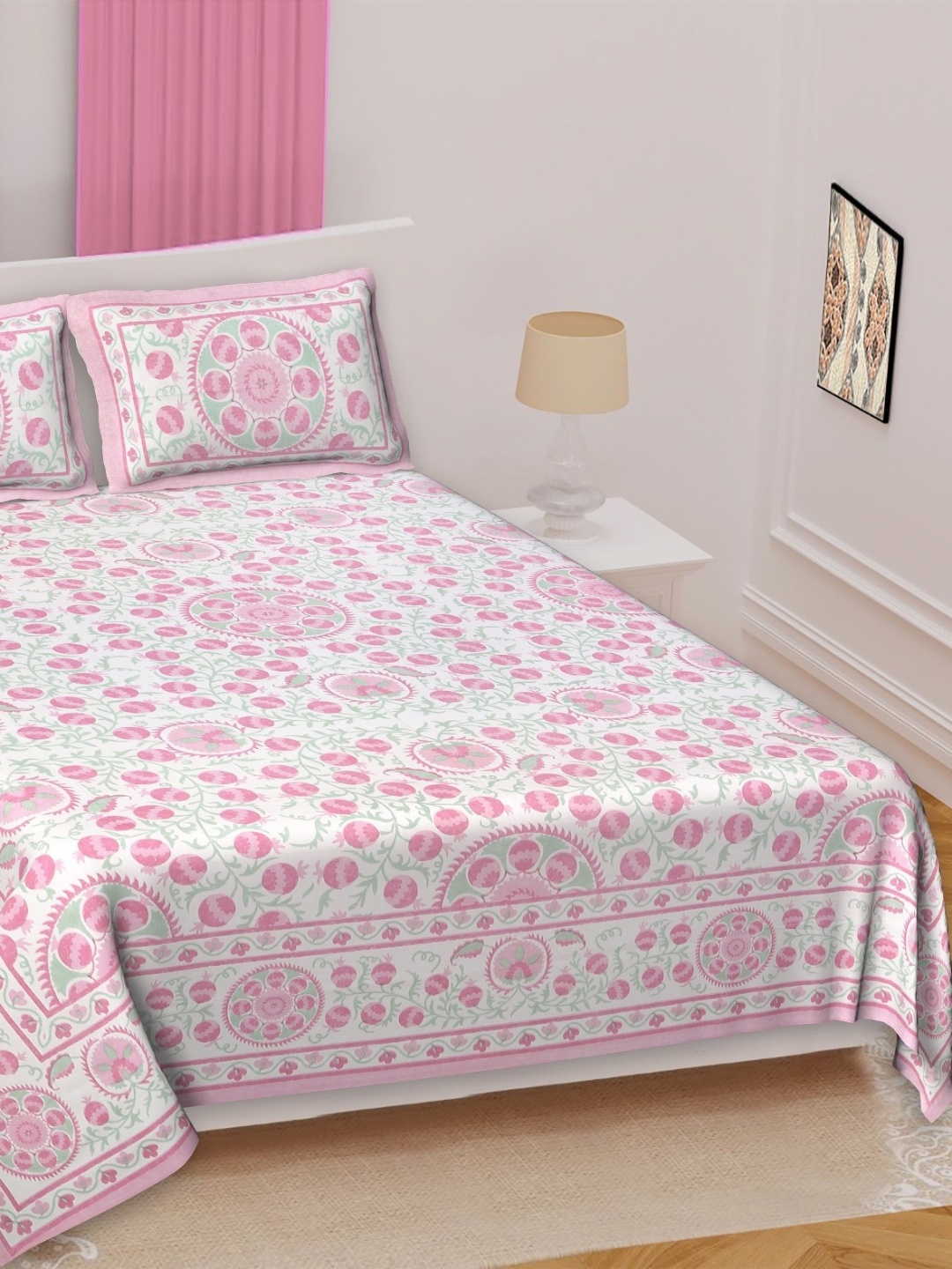 

Texstylers Pink Ethnic Motifs 210 TC Queen Bedsheet with 2 Pillow Covers