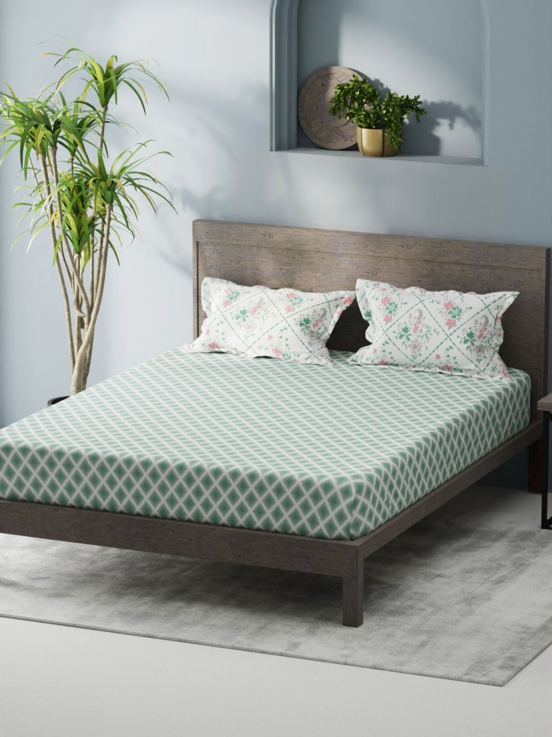 

KOPA Denim Cotton Green Geometric Microfiber 200 TC King Bedsheet Set 2.31 m X 2.54 m