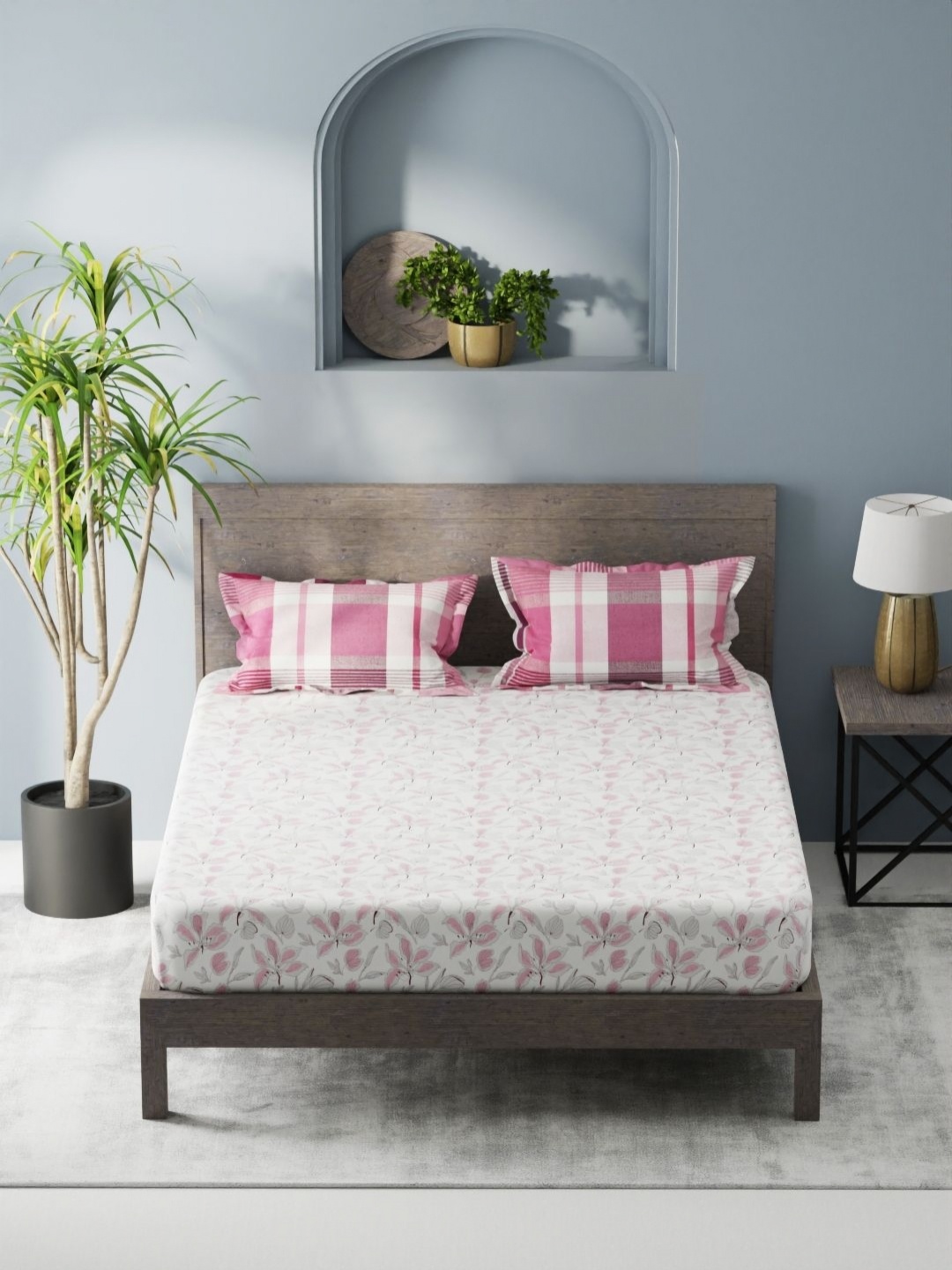 

KOPA Denim Cotton White & Pink Floral Microfiber 200 TC King Bedsheet Set 2.31 m X 2.54 m