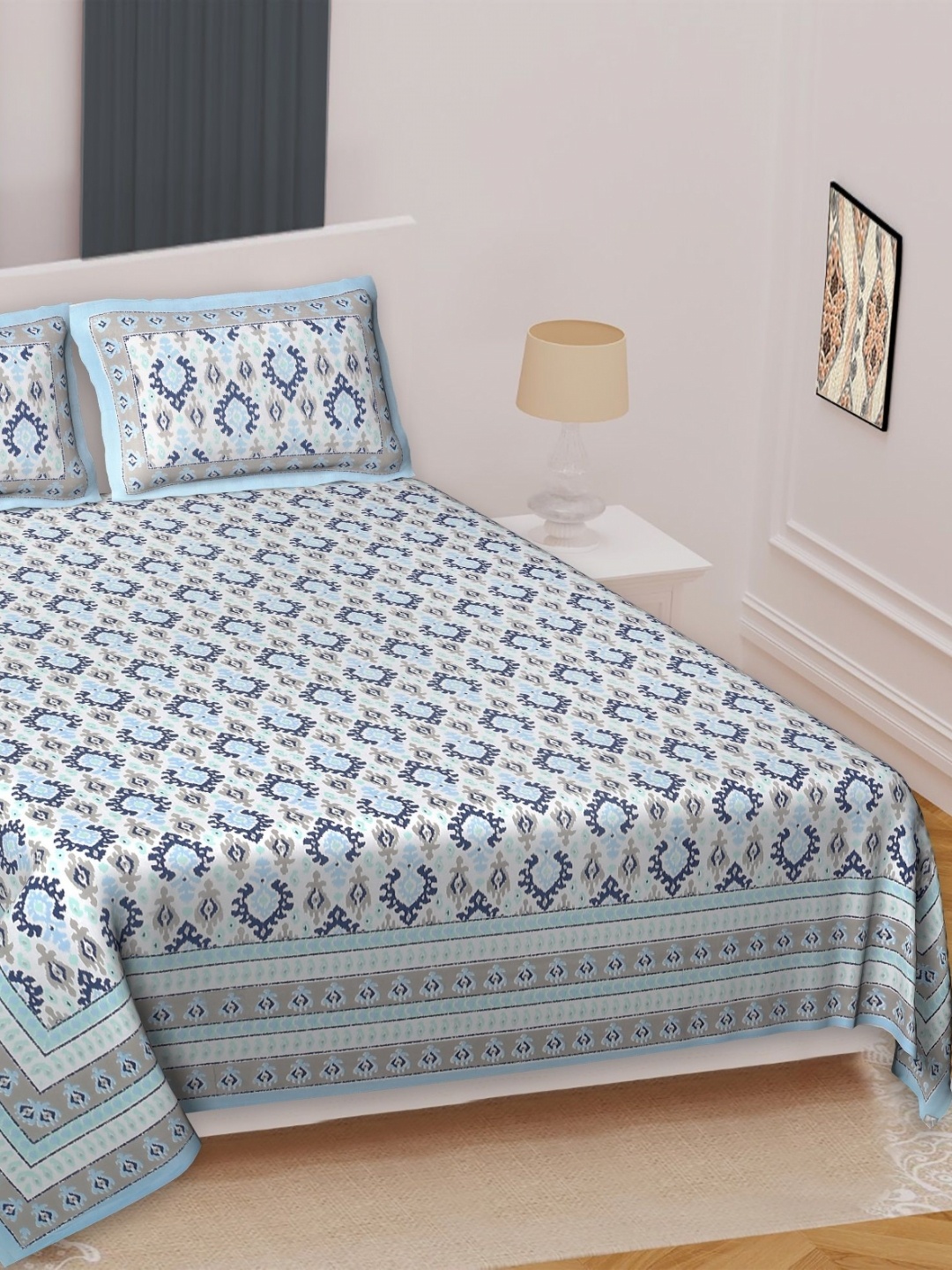 

Texstylers Blue Ethnic Motifs 220 TC Cotton Queen Bedsheet Set-2.74 m x 2.28 m