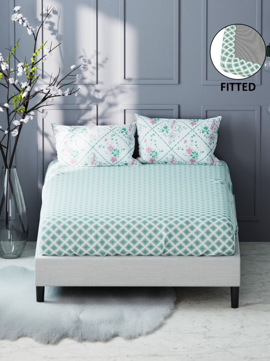 

KOPA Green & White Geometric 200 TC King Bedsheet with 2 Pillow Covers