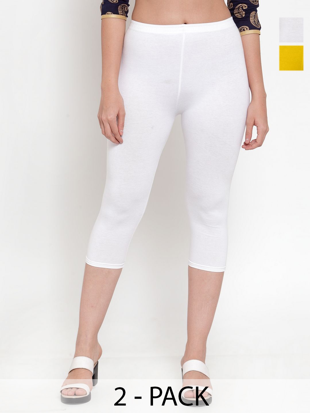 

GRACIT Pack of 2 Women Cotton Skinny Fit Slip-On Capris, White