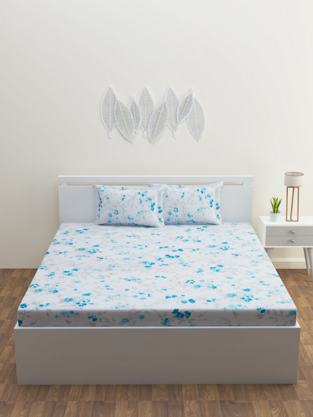 

HAPPY HUES White & Blue 180 TC King Bedsheet Set 2.74 m x 2.74 m