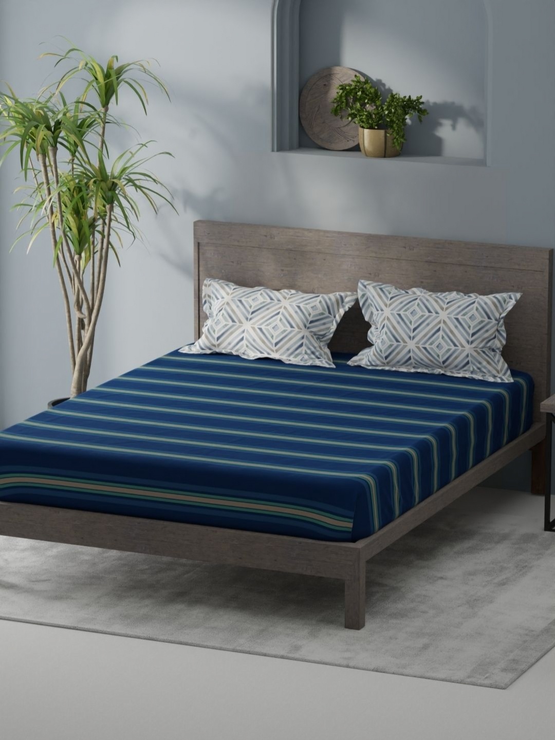

KOPA Denim Cotton Blue & White Striped Microfiber 200 TC King Bedsheet Set 2.31 m X 2.54 m